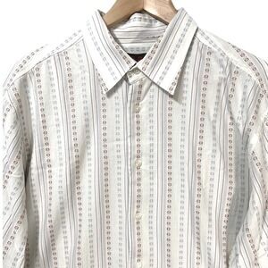 Eddie Rodriguez VTG Rockabilly Mens XL Button Down Shirt Cotton Oat Blue Stripe